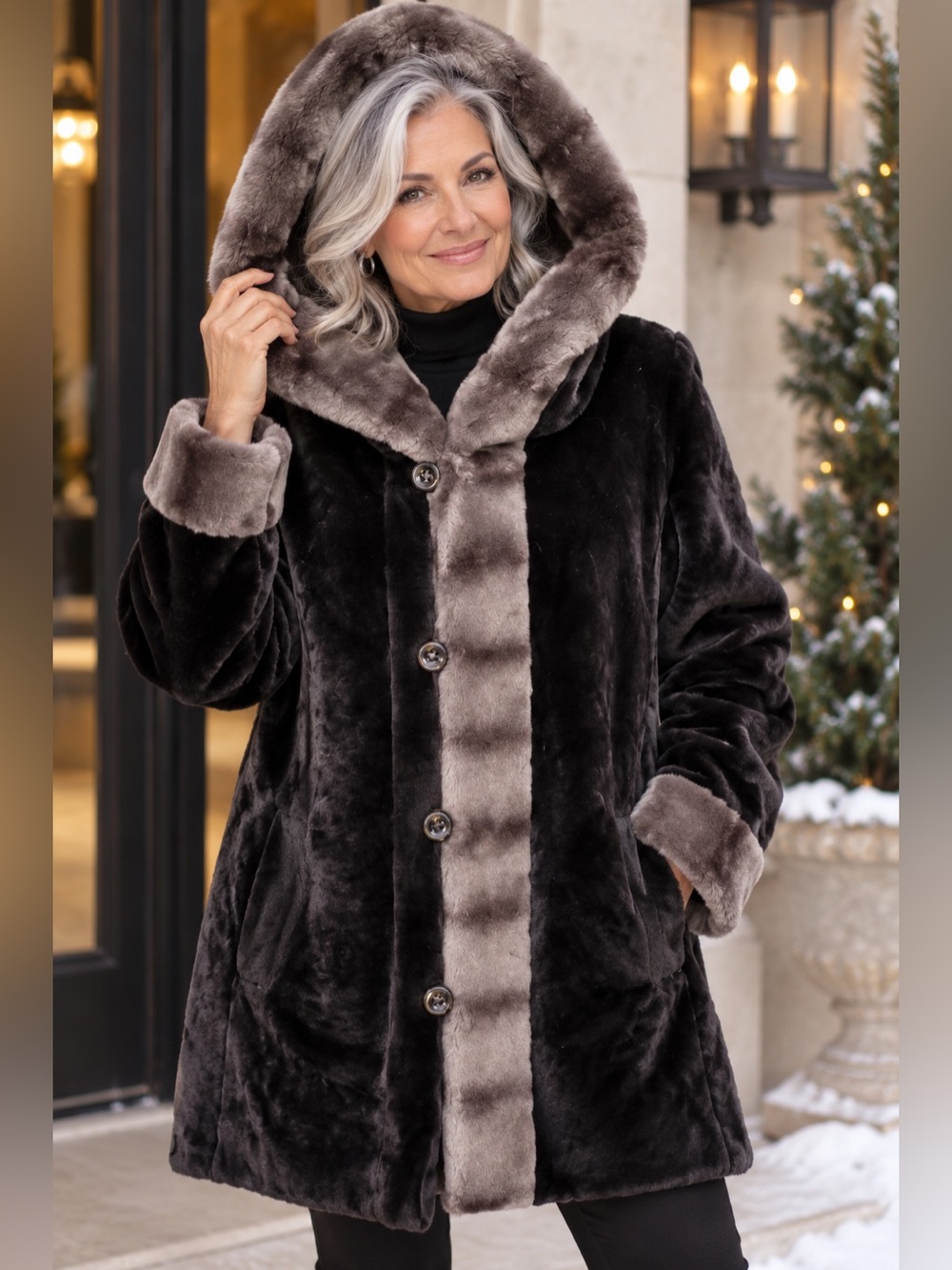 Dennis Basso Faux Fur  Coat Reversible to Water Repellent with Hood Size Medium